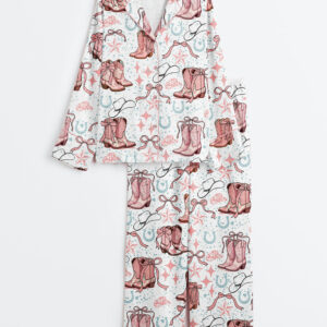 Women's Coquette Cowgirl Boots And Bows Western Long Sleeve Satin Pajama Set