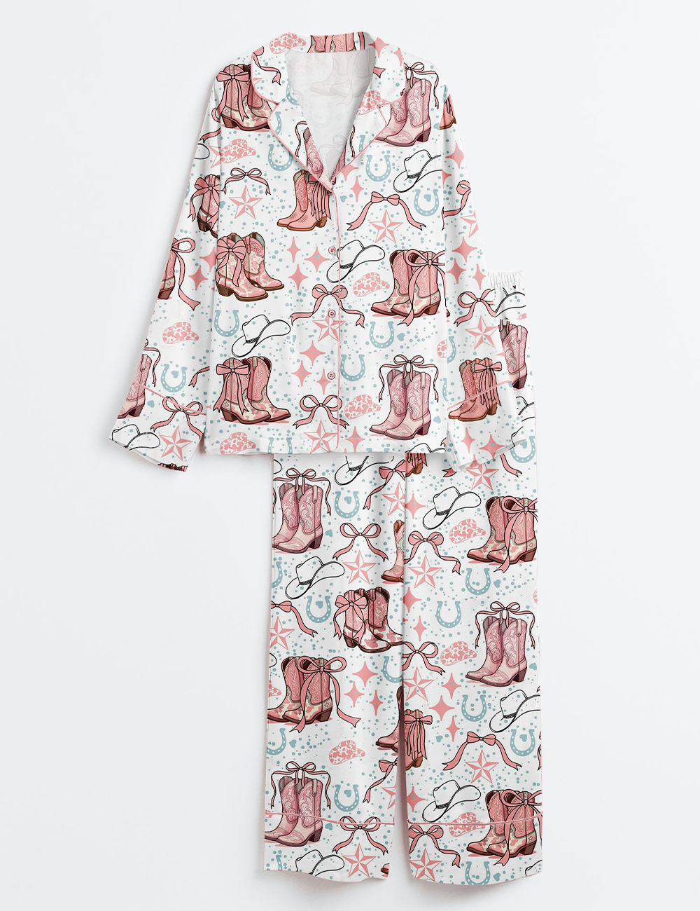 Women's Coquette Cowgirl Boots And Bows Western Long Sleeve Satin Pajama Set