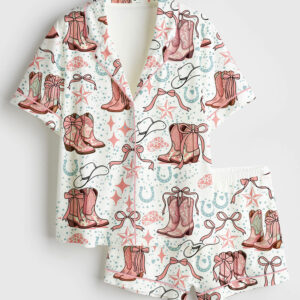 Women's Coquette Cowgirl Boots And Bows Western Short Sleeve Satin Pajama Set