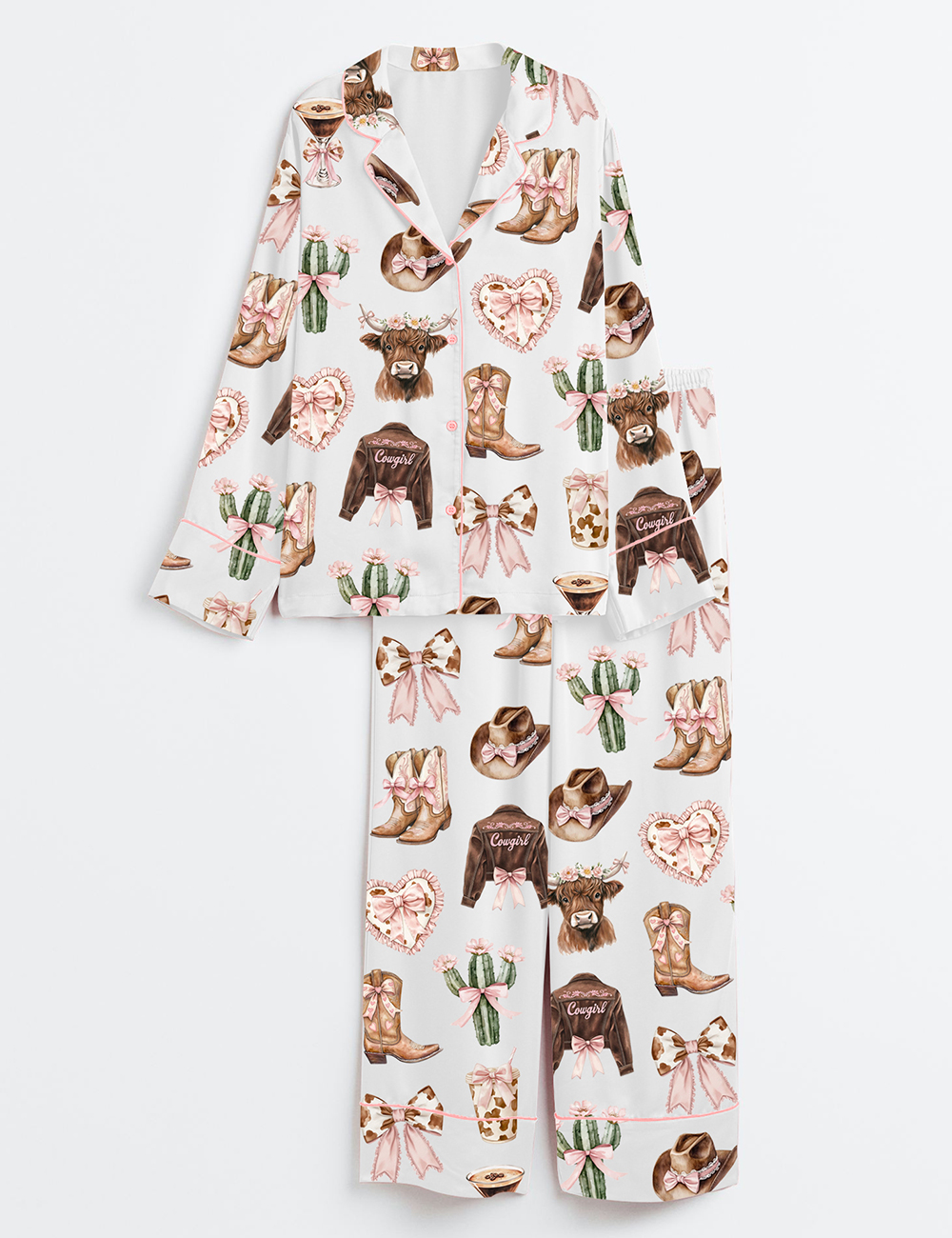 Women's Coquette Cowgirl Howdy Highland Cow Print Long Sleeve Satin Pajama Set