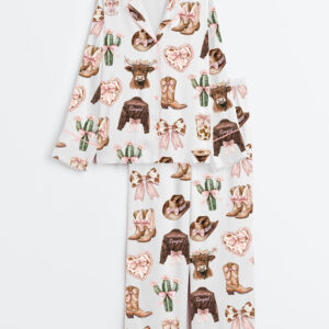 Women's Coquette CowgirlÃ‚Â HowdyÃ‚Â Highland Cow Print Long Sleeve Satin Pajamas Set