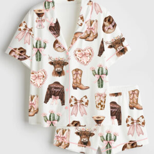 Womenâ€™s Coquette CowgirlÂ HowdyÂ Highland Cow Print Short Sleeve Satin Pajama Set