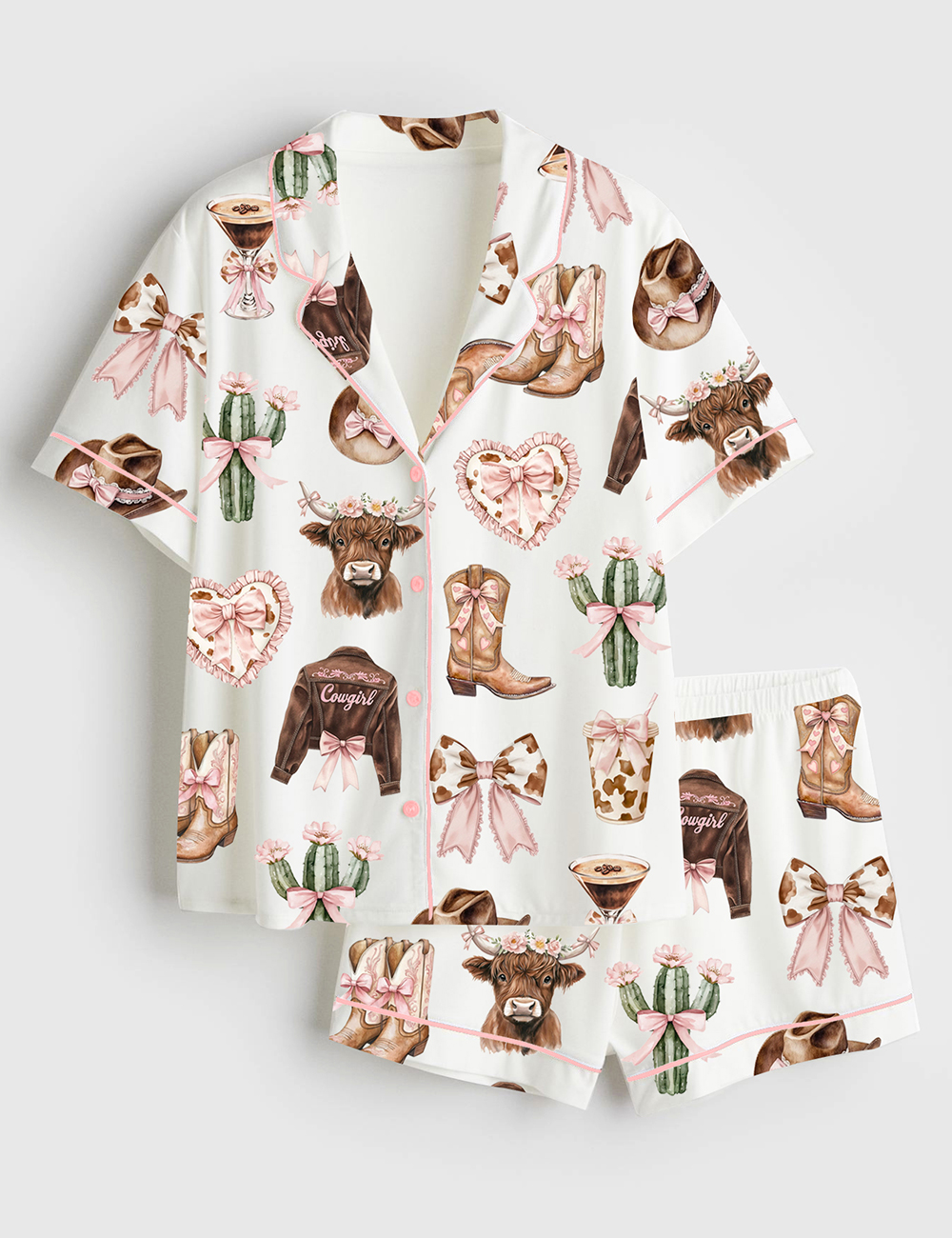 Women's Coquette Cowgirl Howdy Highland Cow Print Short Sleeve Satin Pajama Set