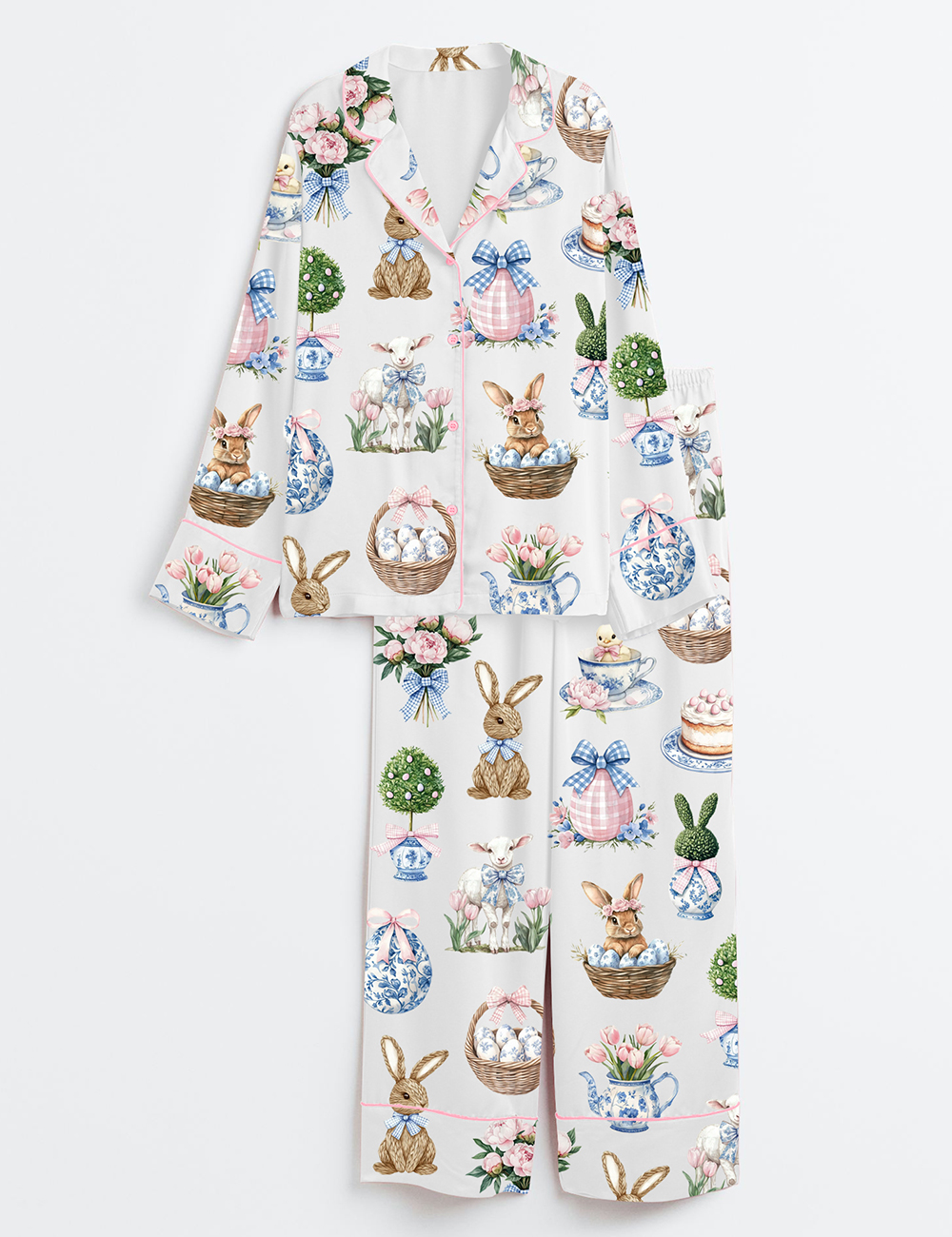 Women's Coquette Easter Bunny Long Sleeve Satin Pajamas Set