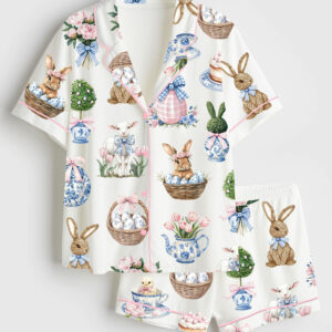 Women's Coquette Easter Bunny Short Sleeve Satin Pajama Set