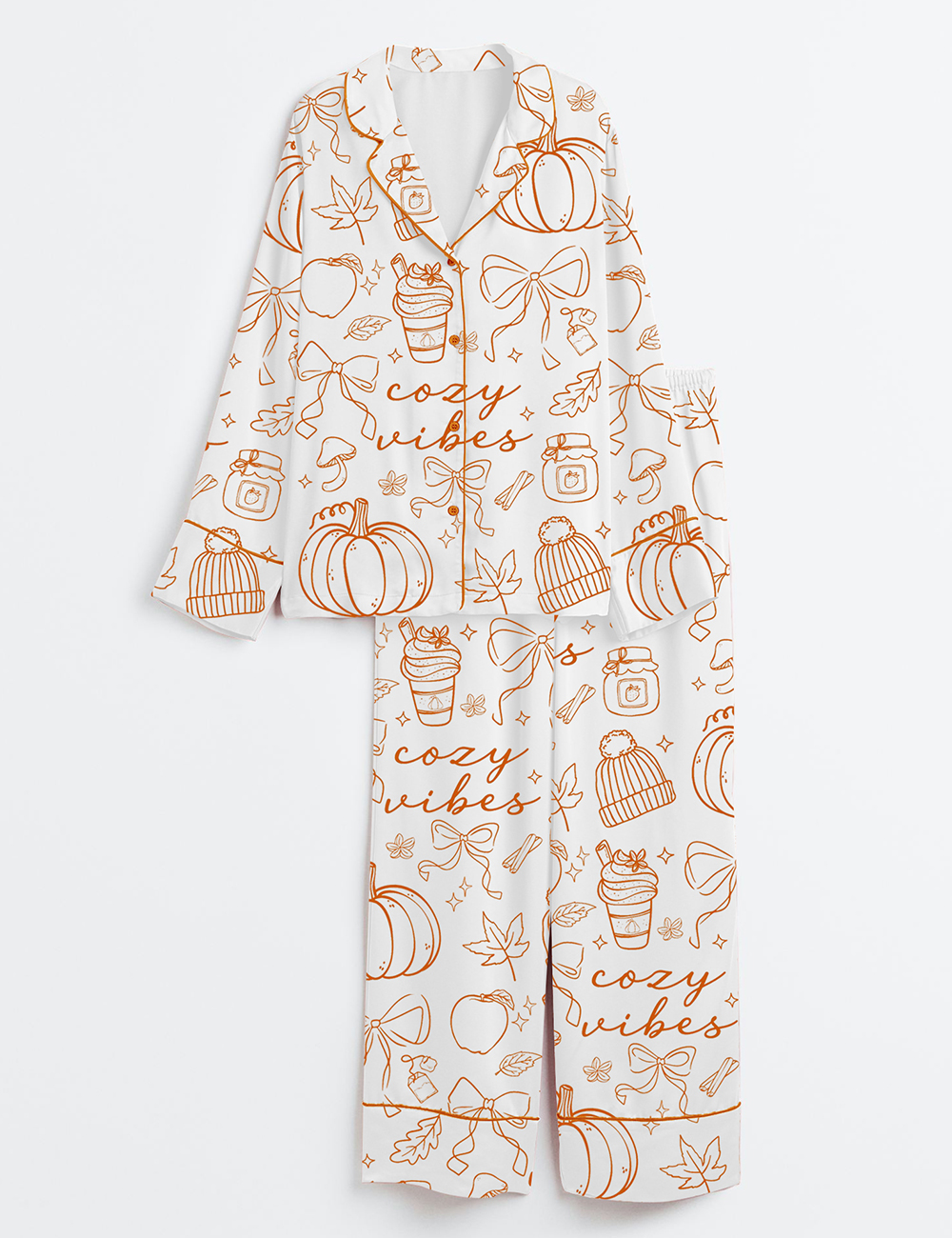 Women’s Coquette Fall Cozy Vibes Whimsical Hand Drawn Pumpkin Spice Latte Long Sleeve Satin Pajama Set
