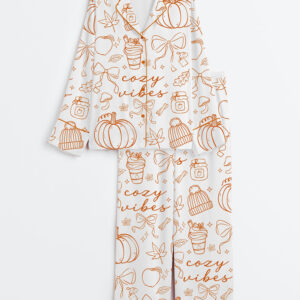 Women's Coquette Fall Cozy Vibes Whimsical Hand Drawn Pumpkin Spice Latte Long Sleeve Satin Pajamas Set