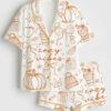 Womenâ€™s Coquette Fall Cozy Vibes Whimsical Hand Drawn Pumpkin Spice Latte Short Sleeve Satin Pajama Set