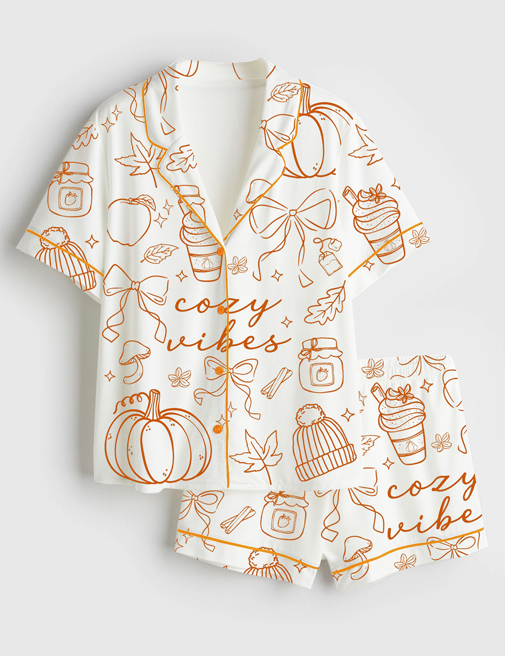 Women’s Coquette Fall Cozy Vibes Whimsical Hand Drawn Pumpkin Spice Latte Short Sleeve Satin Pajama Set
