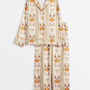 Womenâ€™s Coquette Fall Retro Fall And Halloween Pumpkin Coquette Bows Flowers Print Long Sleeve Satin Pajama Set