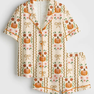 Womenâ€™s Coquette Fall Retro Fall And Halloween Pumpkin Coquette Bows Flowers Print Short Sleeve Satin Pajama Set