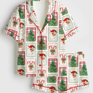 Womenâ€™s Coquette Frame Red Bow Candy Cane Gingerbread Xmas Santa Short Sleeve Satin Pajama Set