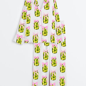 Womenâ€™s Coquette Pickle Lovers Fancy Girl Who Loves Pickles Print Long Sleeve Satin Pajama Set
