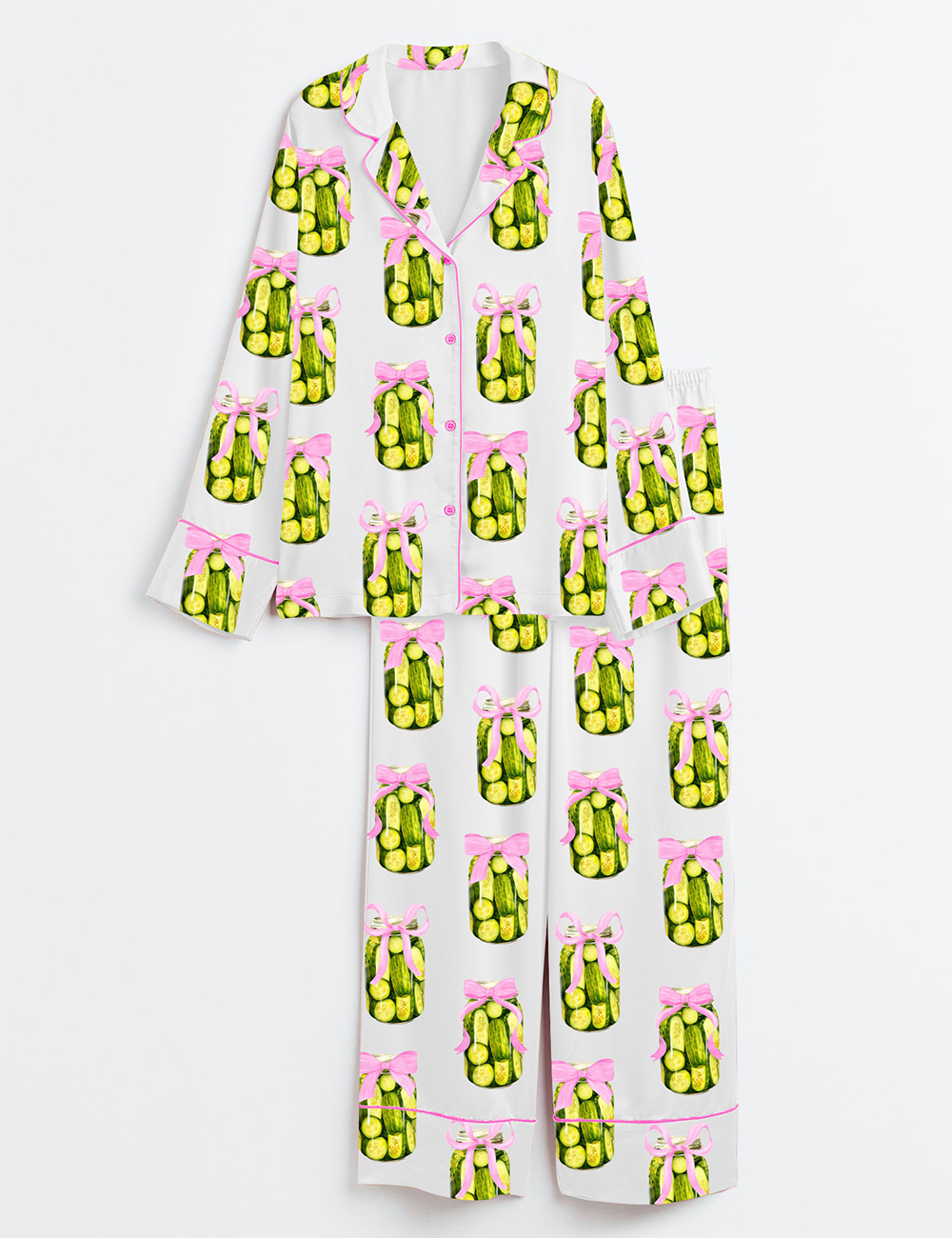 Womenâ€™s Coquette Pickle Lovers Fancy Girl Who Loves Pickles Print Long Sleeve Satin Pajama Set