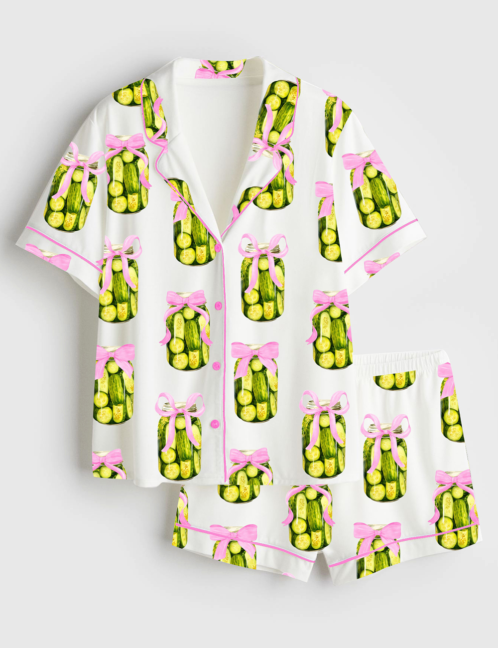 Womenâ€™s Coquette Pickle Lovers Fancy Girl Who Loves Pickles Print Short Sleeve Satin Pajama Set