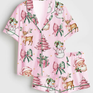 Womenâ€™s Coquette Pink Christmas Wicked Santa Short Sleeve Satin Pajama Set