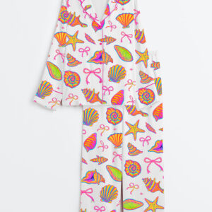 Women's Coquette Seashell Beach Coastal Retro Summer Vibes Print Long Sleeve Satin Pajamas Set