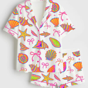 Womenâ€™s Coquette Seashell Beach Coastal Retro Summer Vibes Print Short Sleeve Satin Pajama Set