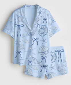 Women's Coquette Seashell Beach Coastal Summer Vibes Bachelorette Short Sleeve Satin Pajama Set