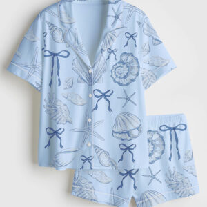 Women's Coquette Seashell Beach Coastal Summer Vibes Bachelorette Short Sleeve Satin Pajamas Set