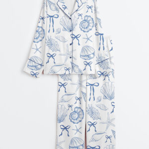 Womenâ€™s Coquette Seashell Beach Coastal Summer Vibes Print Long Sleeve Satin Pajama Set