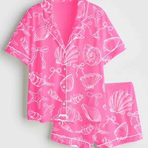 Womenâ€™s Coquette Seashell Beach Coastal Summer Vibes Print Short Sleeve Satin Pajama Set