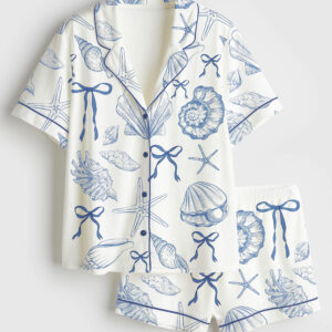Women's Coquette Seashell Beach Coastal Summer Vibes Print Short Sleeve Satin Pajamas Set