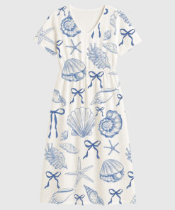 Women's Coquette Seashell Beach Coastal Summer Vibes Short Sleeve Dress