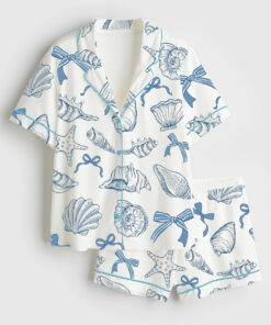 Women's Coquette Seashell Coastal Summer Vibes Short Sleeve Satin Pajama Set