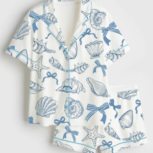 Women's Coquette Seashell Coastal Summer Vibes Short Sleeve Satin Pajama Set