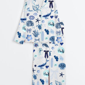 Women's Coquette Seashell Coastal Summer Vibes Turtle Shark Shell Sea World Long Sleeve Satin Pajamas Set