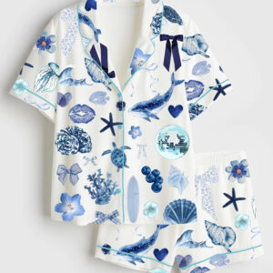 Womenâ€™s Coquette Seashell Coastal Summer Vibes Turtle Shark Shell Sea World Short Sleeve Satin Pajama Set