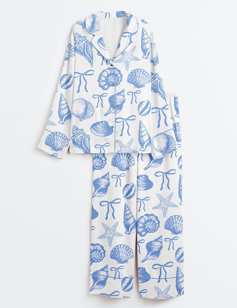 Women's Coquette Seashell Summer Beach Coastal Blue Bow Print Long Sleeve Satin Pajamas Set