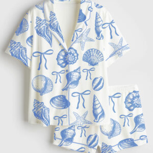 Womenâ€™s Coquette Seashell Summer Beach Coastal Blue Bow Print Short Sleeve Satin Pajama Set