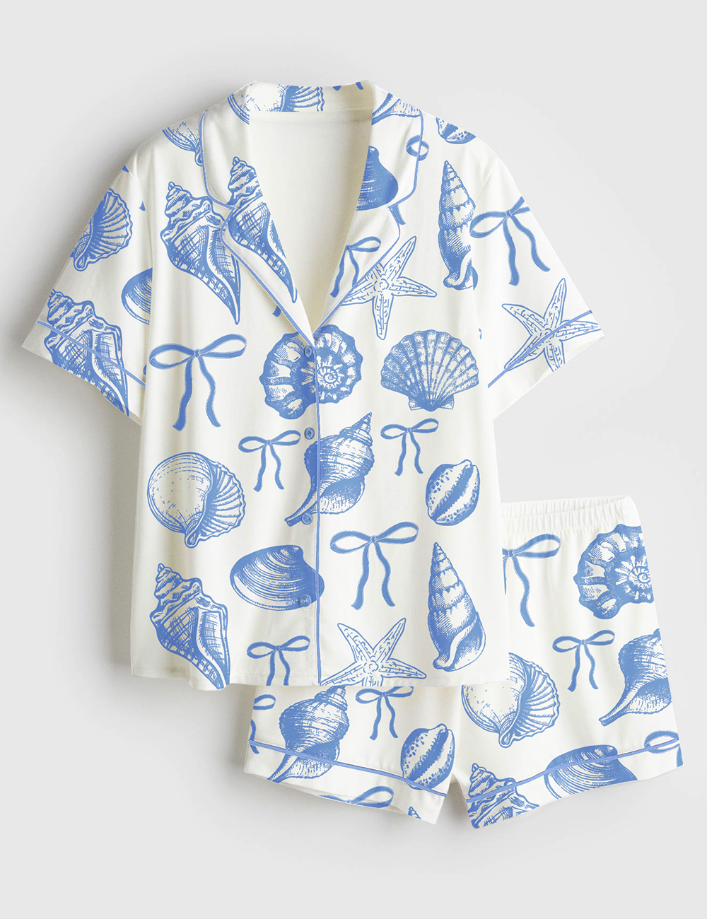 Women’s Coquette Seashell Summer Beach Coastal Blue Bow Print Short Sleeve Satin Pajama Set