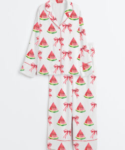 Women's Coquette Watermelon Trendy Summer Beach Babe Long Sleeve Satin Pajama Set