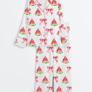 Women's Coquette Watermelon Trendy Summer Beach Babe Long Sleeve Satin Pajamas Set