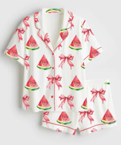 Women's Coquette Watermelon Trendy Summer Beach Babe Short Sleeve Satin Pajama Set