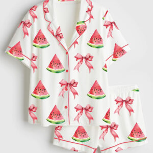 Womenâ€™s Coquette Watermelon Trendy Summer Beach Babe Short Sleeve Satin Pajama Set