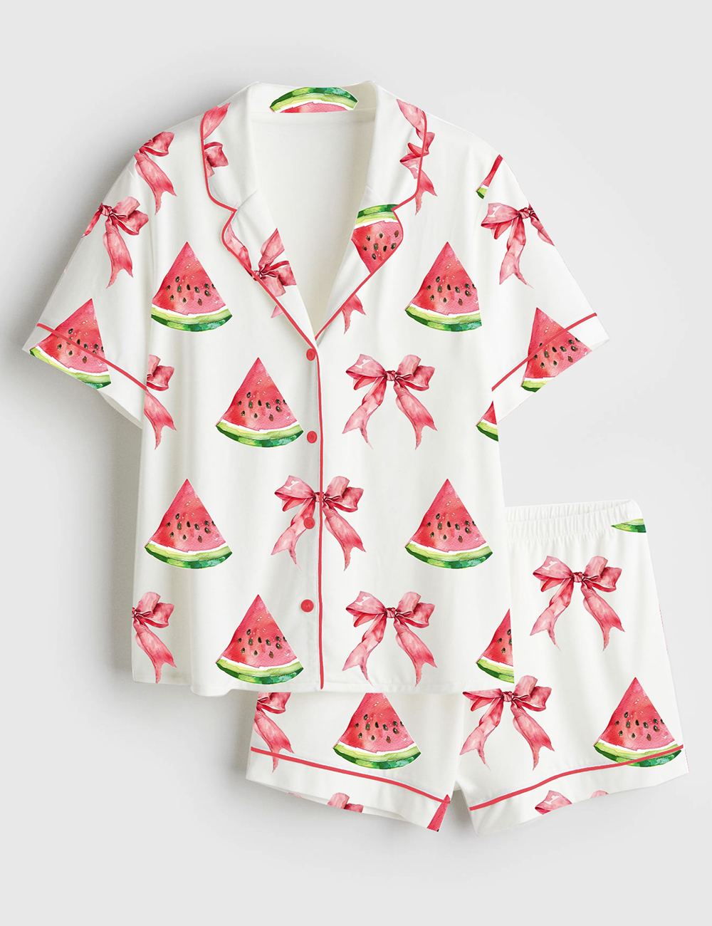 Womenâ€™s Coquette Watermelon Trendy Summer Beach Babe Short Sleeve Satin Pajama Set