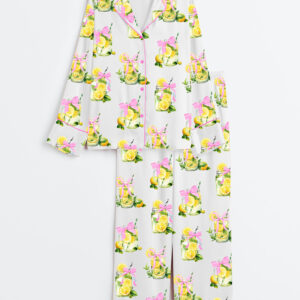 Women's Coquette When Life Gives You Lemons Retro Fancy Lemon Print Long Sleeve Satin Pajamas Set