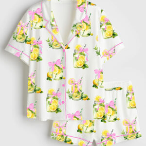 Womenâ€™s Coquette When Life Gives You Lemons Retro Fancy Lemon Print Short Sleeve Satin Pajama Set