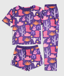 Women's Cowboy Boot Western Cowboy Hats Skull Cactus Short Sleeve Three Piece Pajama Set