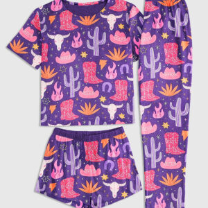 Womenâ€™s Cowboy Boot Western Cowboy Hats Skull Cactus Short Sleeve Three Piece Pajama Set