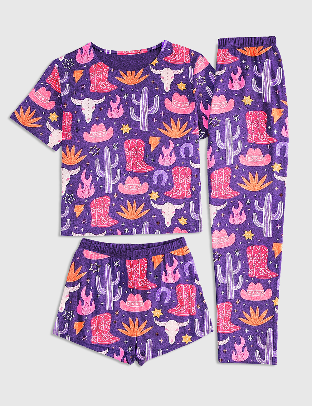 Women’s Cowboy Boot Western Cowboy Hats Skull Cactus Short Sleeve Three Piece Pajama Set