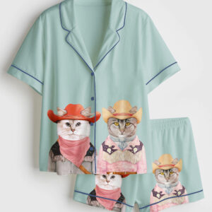 Womenâ€™s Cowboy Cats Funky Western Short Sleeve Satin Pajama Set