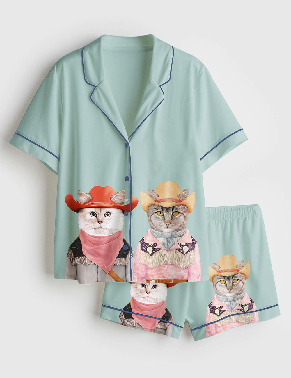 Womenâ€™s Cowboy Cats Funky Western Short Sleeve Satin Pajama Set
