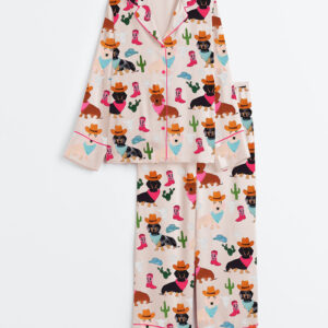 Women's Cowboy Dachshund Dog Long Sleeve Satin Pajamas Set