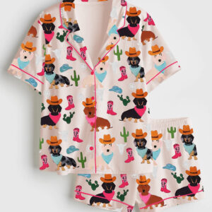 Women's Cowboy Dachshund Dog Short Sleeve Satin Pajama Set