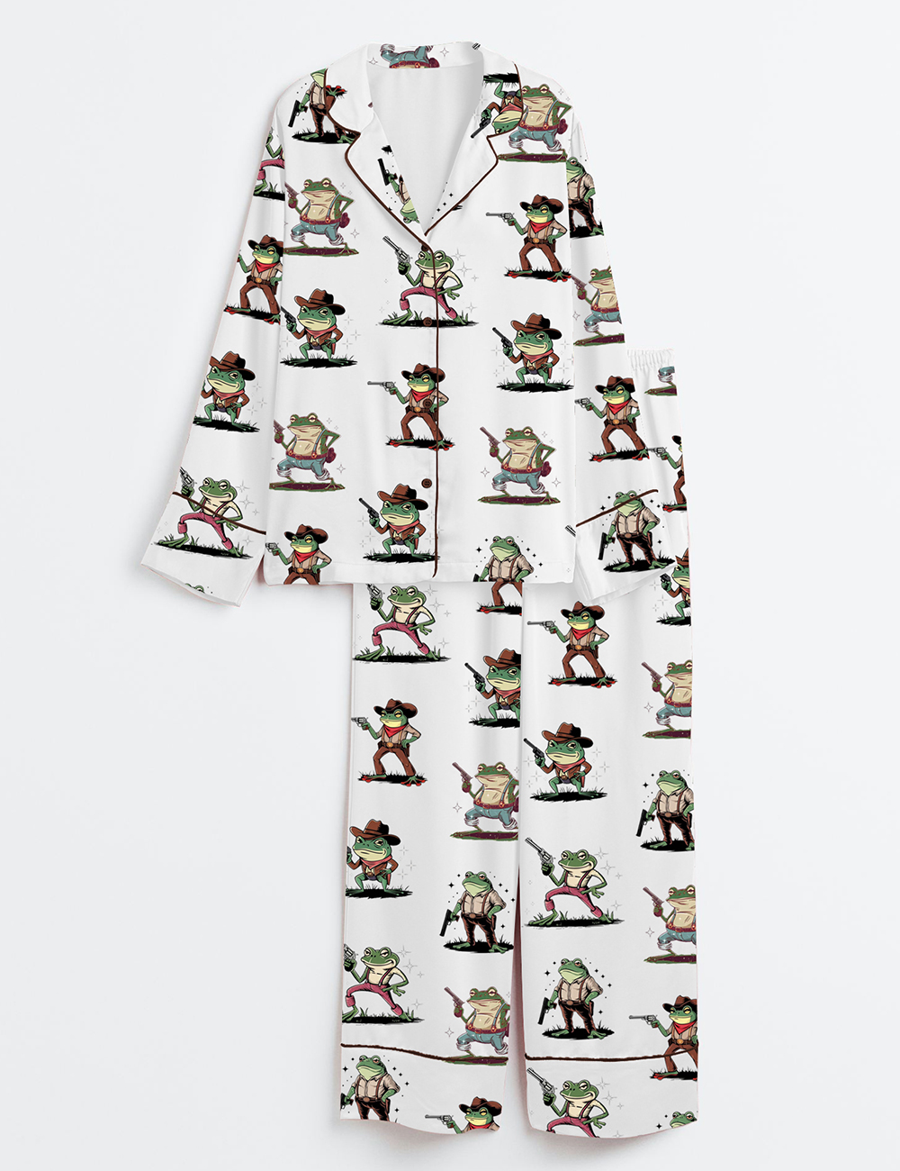 Women's Cowboy Frog Funny Gun Long Sleeve Satin Pajamas Set